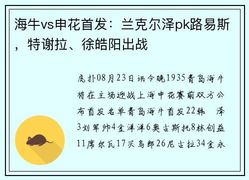 海牛vs申花首发:兰克尔泽pk路易斯,特谢拉、徐皓阳出战 海牛vs申花首发:兰克尔泽pk路易斯,特谢拉、徐皓阳出战